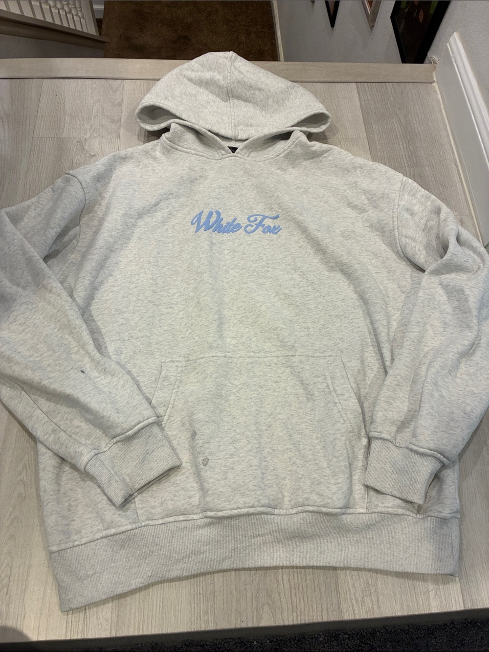 White Fox Boutique Light Gray Hoodie with Blue Script Logo